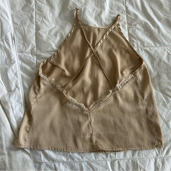 NA-KD Beige Gild Sleeveless Criss Cross Open Back Lace Trim Cami Women’s Medium - Picture 5 of 7
